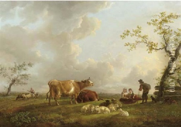 A Landscape With Shepherds By A Tree, Cattle And Sheep Nearby Oil Painting - Jean-Baptiste De Roy