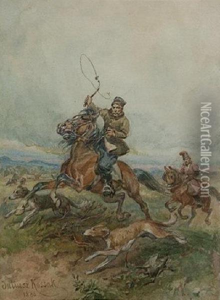 Horsemen Hunting With Dogs. Oil Painting - Juliusz Kossak