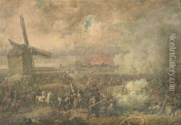 Schlachtenszene Mit Napoleon Vor Dem Hintergrund Einer Brennenden Stadt Oil Painting - Johann Baptiste Heinefetter