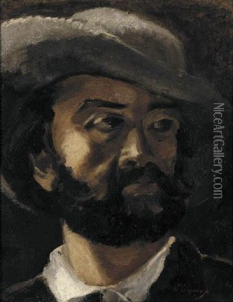 Portrait Of A Man Wearing A Grey Hat, (antoine Vollon?) Oil Painting - Jean-Baptiste Carpeaux