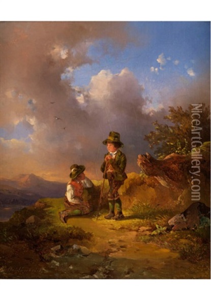 Bauernkinder In Bergiger Landschaft Oil Painting - Edmund Mahlknecht