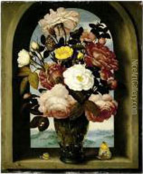 A Still Life Of Roses In A 
Berkemeijer Glass, With Butterflies And A Snail, In An Arched Stone 
Window With A Landscape Beyond Oil Painting - Ambrosius the Elder Bosschaert