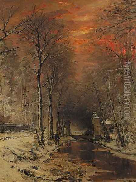 A tranquil winter forest at dusk Oil Painting - Louis Apol