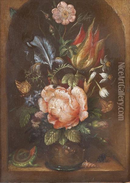 Blumenstuck Mit Eidechse, Muschel, Kafer Und Fliege Oil Painting - Ambrosius the Elder Bosschaert