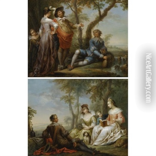 Elegant Company In A Wooded Landscape (pair) Oil Painting - Franz Christoph Janneck