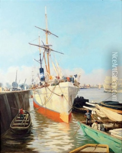 Le Havre, Bateau Au Port Oil Painting - Jacques-Marie Omer Camoreyt