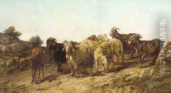 Goats and sheep in a rough terrain Oil Painting - Francesco Simonini