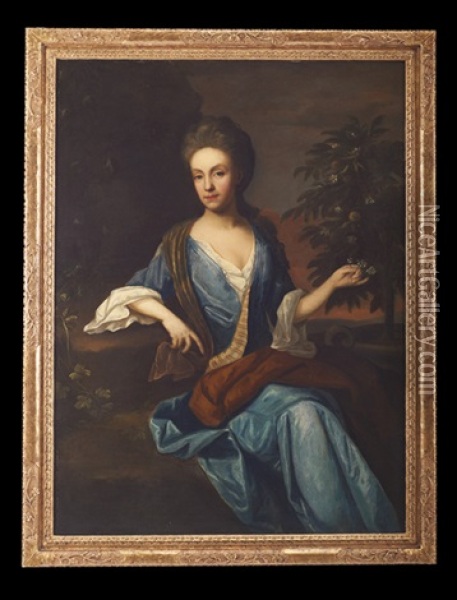 Portrait Of A Lady In Blue, Seated In A Landscape, Holding An Orange Blossom Oil Painting - Frederick Kerseboom