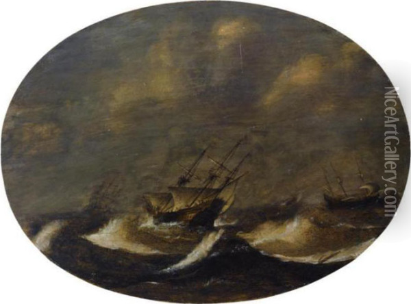 Shipping In A Stormy Sea Oil Painting - Claes Claesz. Wou