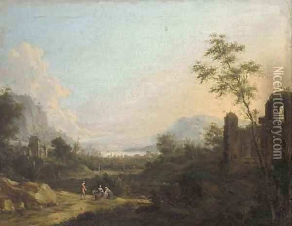 A mountaintous river landscape with figures on a path by classical ruins Oil Painting - Maximilian Joseph Schinnagl