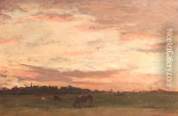 Polder landscape at dusk Oil Painting - Nicolaas Bastert