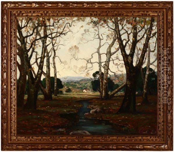 Sycamore Trees And Creek With A View Toward The Foothills Oil Painting - Jefferson Stephen Ward