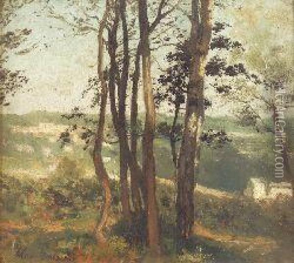 A Wooded Landscape With Distant Cottages Oil Painting - Henri-Joseph Harpignies