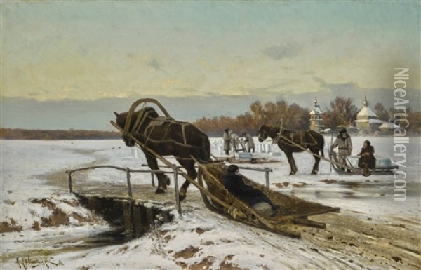 Ice-cutting Oil Painting - Konstantin Yakovlevich Kryzhitsky
