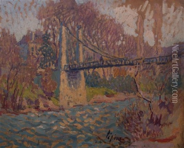 Suspension Bridge Over River Oil Painting - Joseph Louis Lepine