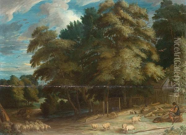 A Shepherd With His Flock In A Wooded Landscape Oil Painting - Frans Wouters