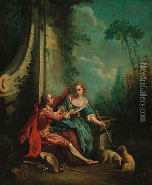 A shepherd and shepherdess at a fountain Oil Painting - Francois Boucher