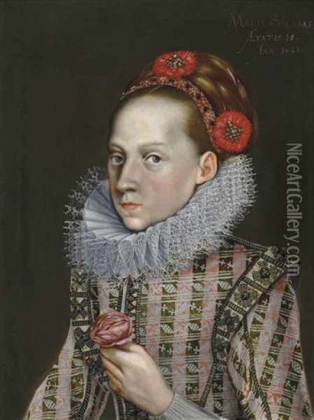 Portrait Of A Girl, Half-length, In A Richly Embroidered Red Dress And A Ruff, With A Decorated Headband, Holding A Rose Oil Painting - Antonis Mor Van Dashorst