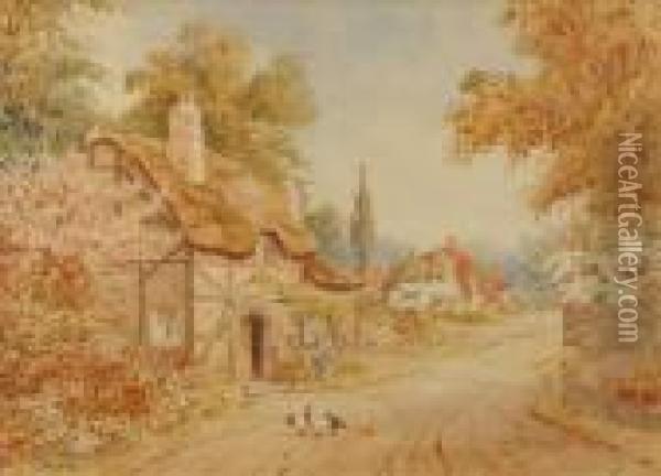 Summer Villagestreet With Thatched Cottage Oil Painting - James Greig