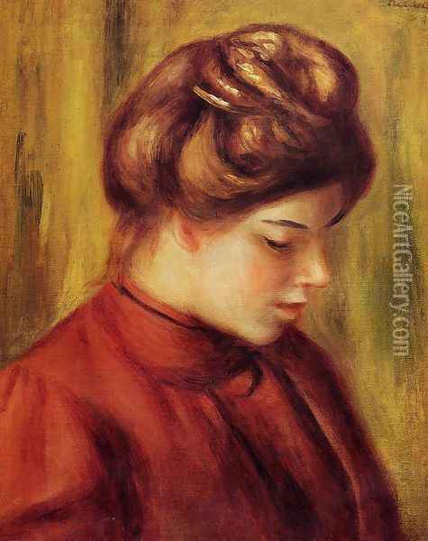 Profile Of A Woman In A Red Blouse Oil Painting - Pierre Auguste Renoir