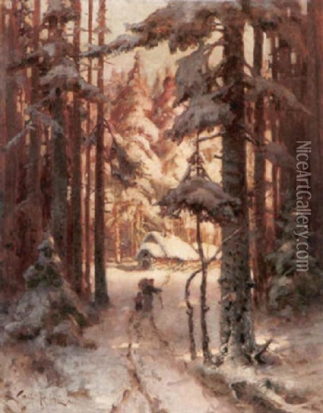 Hutte Im Winterwald Oil Painting - Yuliy Yulevich (Julius) Klever
