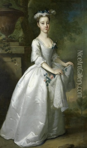 Portrait Of Martha Fursman, Full-length, In A White Dress, Standing In A Landscape Beside An Urn On A Plinth Oil Painting - John Vanderbank the Younger
