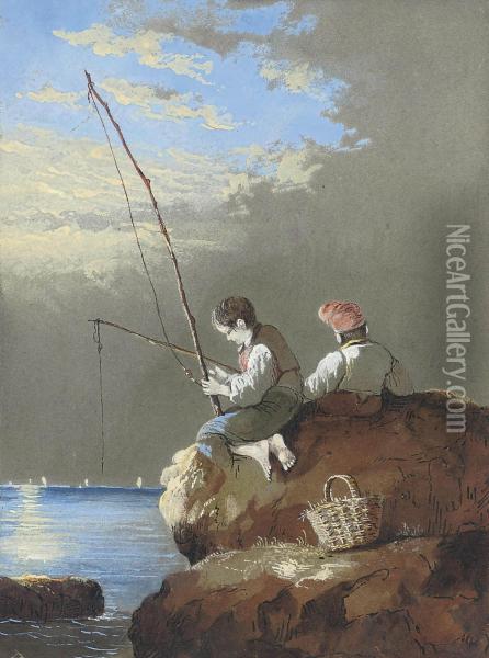 Young Fisherfolk Seated On A Rock Oil Painting - Condy, Nicholas Matthews