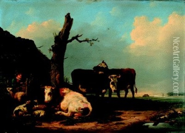 Bauer Mit Kuhen Und Ziegen An Einem Stall Oil Painting - Hendrik Adam van der Burgh