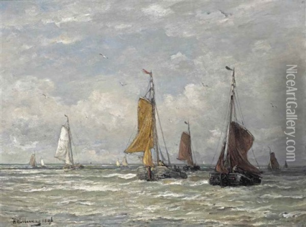Zeilende Bomschuiten; The Return Of The Fleet, Scheveningen Oil Painting - Hendrik Willem Mesdag