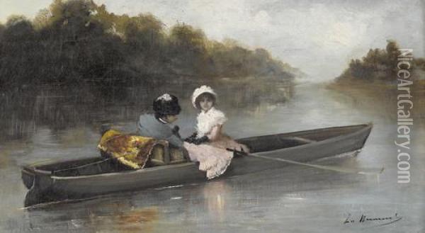 Elegantes Paar Im Ruderboot Oil Painting - Leo Herrmann