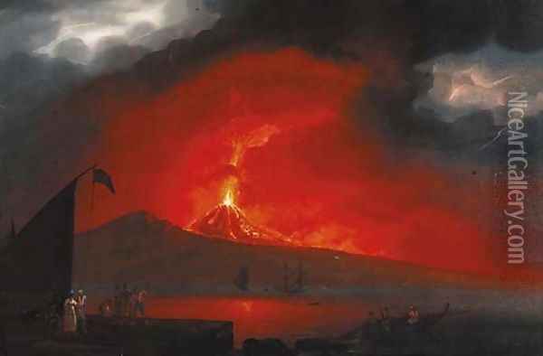 Figures on the Neapolitan coast with Vesuvius erupting beyond 2 Oil Painting - Neapolitan School