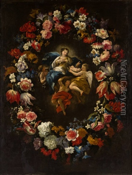 Guirnalda De Flores Con La Virgen De La Leche (attrib. To Collab. W/luca Giordano) Oil Painting - Mario Nuzzi