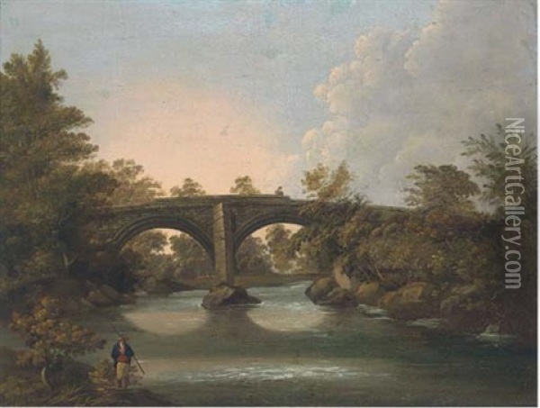 A Figure Fishing On A River, With A Bridge Beyond Oil Painting - Horace W. Billington