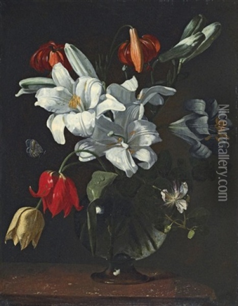 Lilies, Tulips And Other Flowers, In A Glass Vase, On A Ledge Oil Painting -  Caravaggio