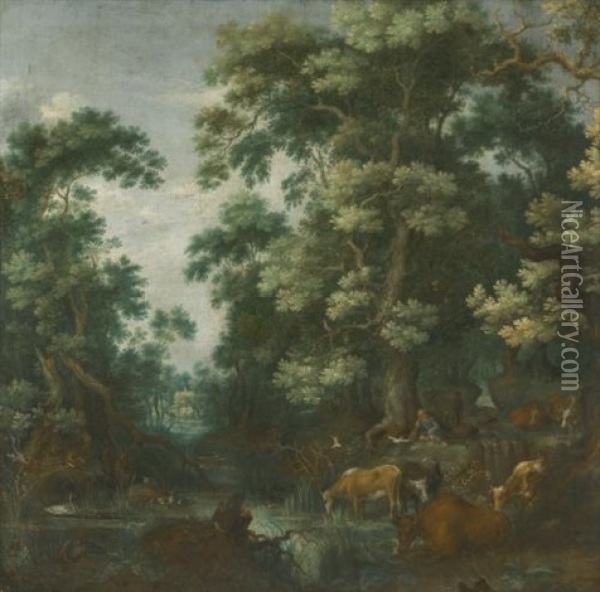 A Wooded Landscape With Deer And Cattle By A River, A Sleeping Herdsman Nearby Oil Painting - Gillis Claesz De Hondecoeter