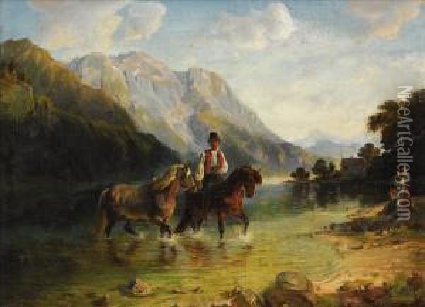 Family With Horses Fording A River Oil Painting - Anna Zellerin