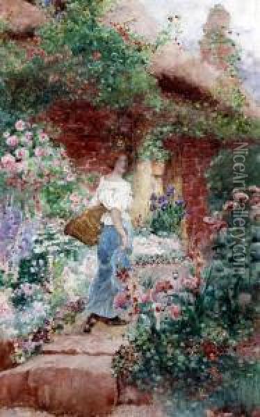 Young Lady In A Cottage Garden Oil Painting - David Woodlock