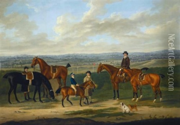 Joining The Elders; A Bay Pony Led By A Groom With A Boy In Racing Silks Up, Together With Four Horses And Two Riders, One Up, A Racecourse Beyond Oil Painting - John Nost Sartorius