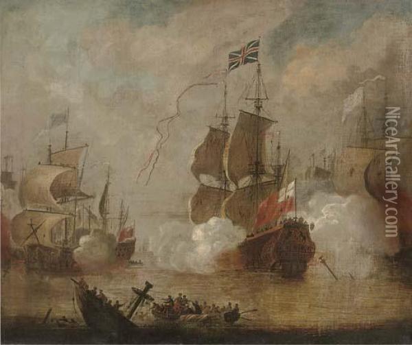 An English Flagship In Action During The Third Anglo-dutch War Oil Painting - Peter Monamy