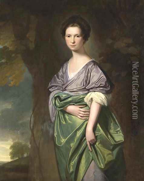 Portrait Of Mrs. James Fletcher, Three-Quarter-Length, In A Lilac Dress With A Green Wrap, In A Wooded Landscape Oil Painting - George Romney