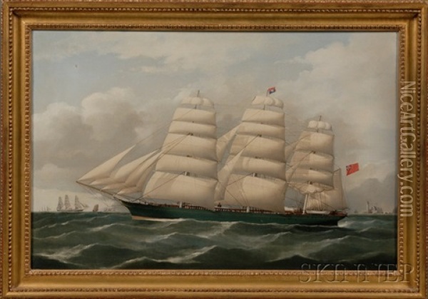 Portrait Of The British Clipper Ship Miltiades With Distant Lighthouse And Vessels Oil Painting - Frederick Tudgay