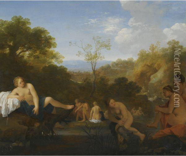 Landscape With Nymphs Bathing Oil Painting - Cornelis Van Poelenburch