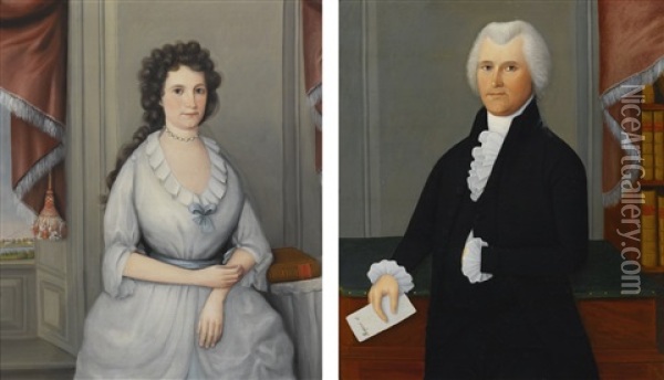 Col. John Chester And Elizabeth Huntington Chester: Pair Of Portraits Oil Painting - Joseph Steward