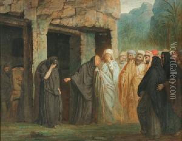 Oriental Landscapewith Priests And Some Crying Women Near A Stone Building Oil Painting - Johannes Hendrik Veldhuyzen