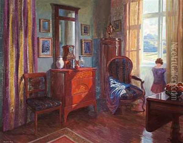 Interior Med En Lille Pige, Der Kigger Ud Af Vinduet Oil Painting - Robert Panitzsch
