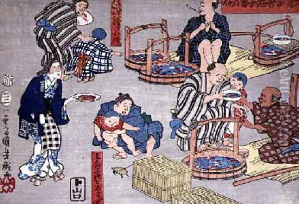 Moral teaching for shopboys giving good and bad examples of behaviour 7 Oil Painting - Utagawa Kuniyoshi