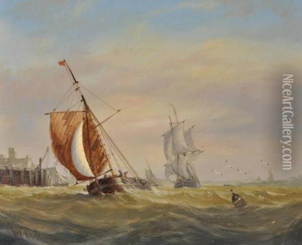 Fishing Fleet On Roughseas Oil Painting - William Calcott Knell