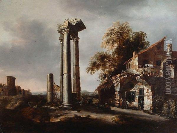 Paysans Dans La Cour Dune Ferme Devant Des Ruines Antiques Oil Painting - Abraham Beerstraaten