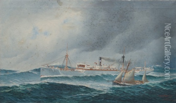 Portrait Of The Steamship Helene Menzell With A Pilot Boat Oil Painting - John Henry Mohrmann