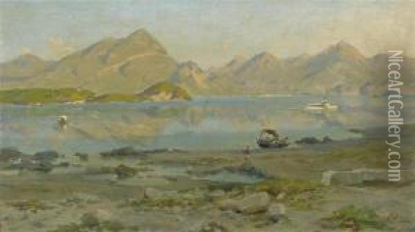 Comersee With Steam Ship, Mountains And Figures On The Beach. Oil Painting - Silvio Poma